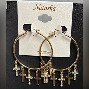 Natasha Couture Goldtone Hoop Earrings with Crystal Crosses